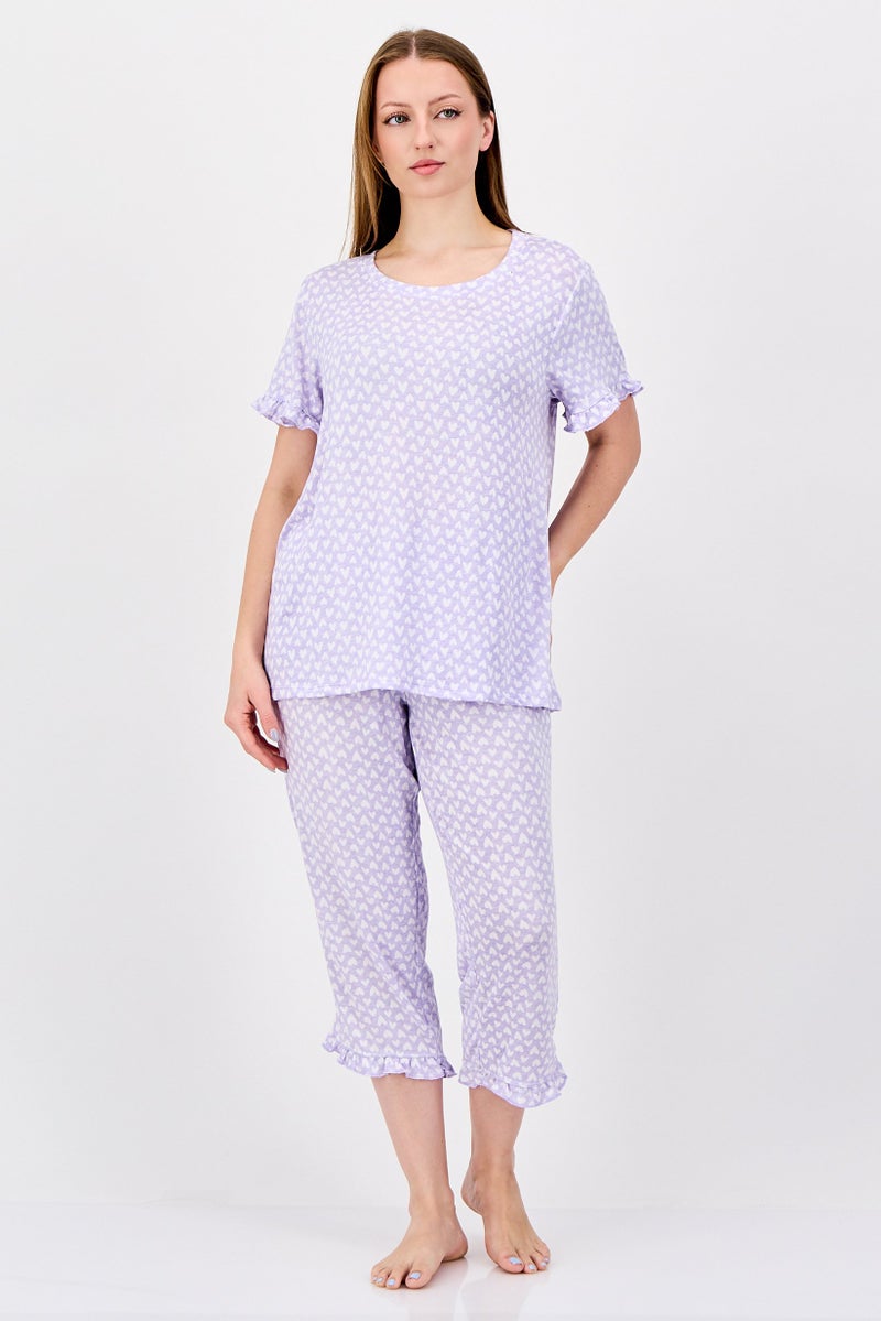 Rene Rofe Women 2 Pcs Heart Print T-Shirt And Pants Pyjama Set, Lavender - Image 1